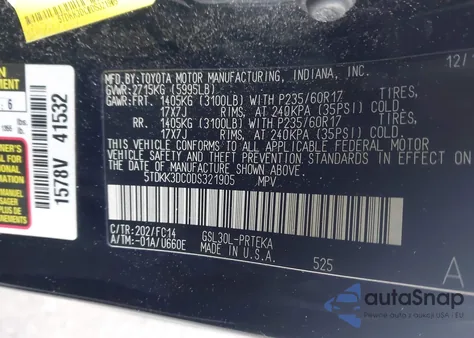 2013 Toyota Sienna Le V6 8 Passenger z USA, uszkodzony, nr VIN 5TDKK3DC0DS321905